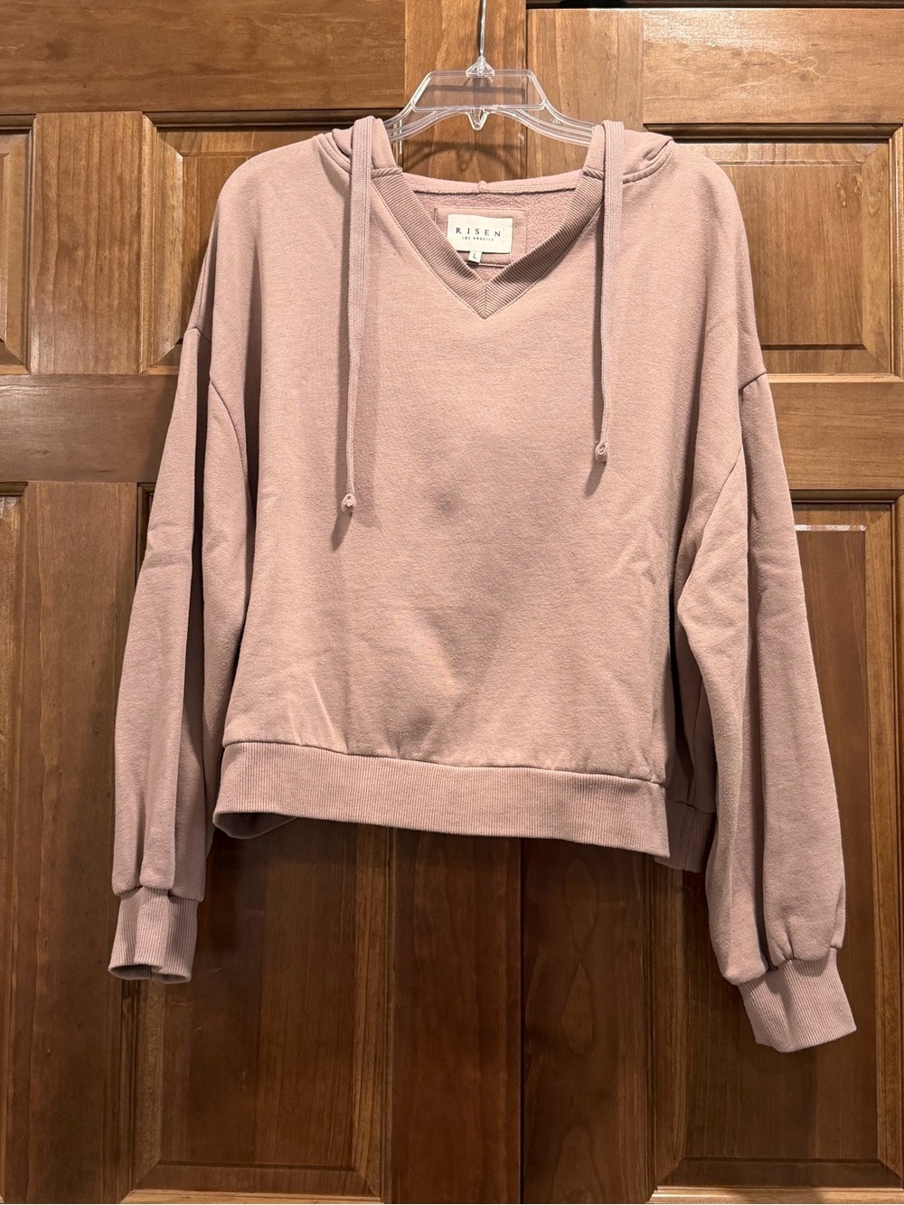 Risen Women’s Mauve Dusty Pink V-Neck Cropped Hoodie Sweater, Streetwear, Large